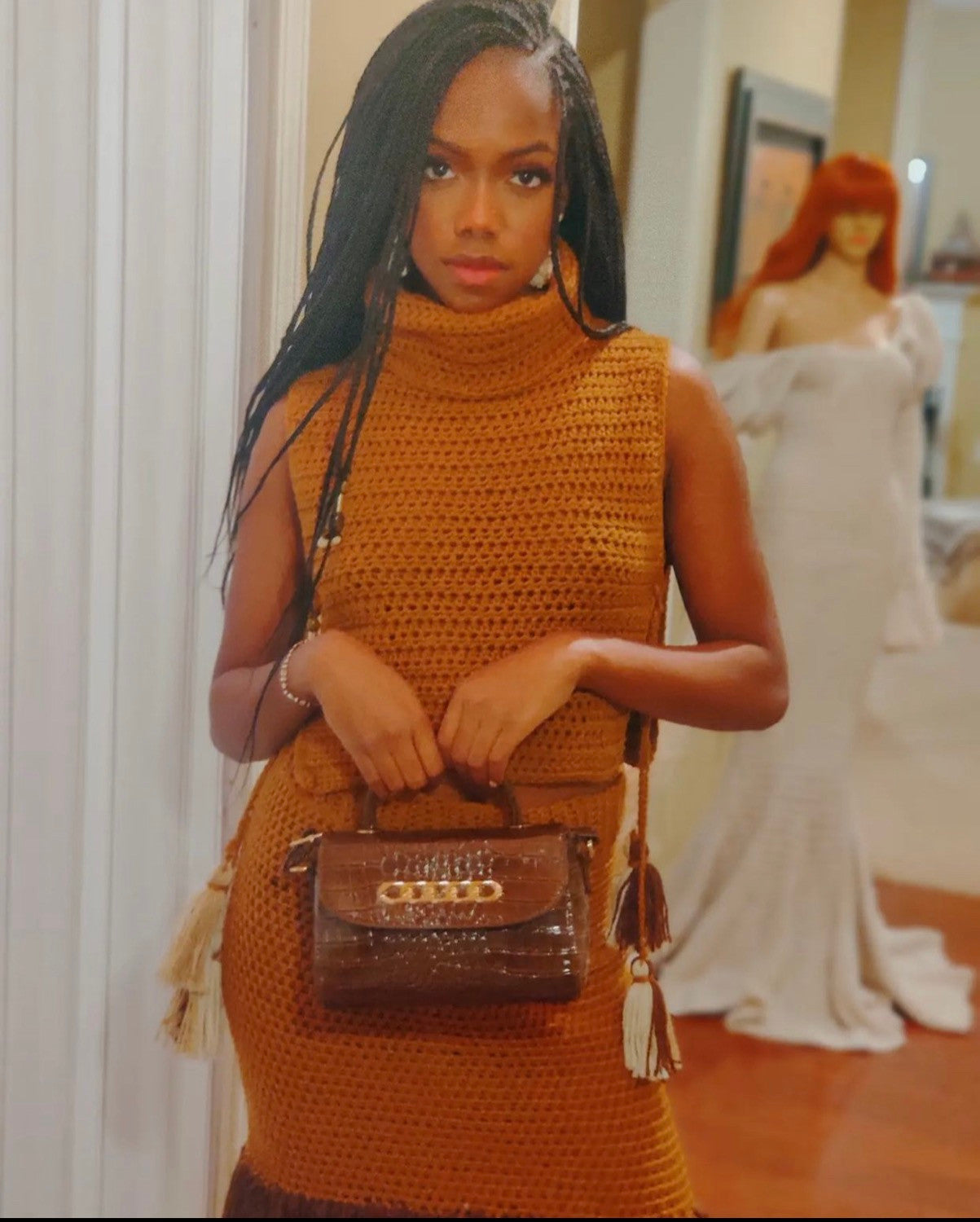 Latte Tri-Color Turtle Neck & Fringe Skirt Set
