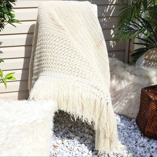 Crochet Fringe Beige Blanket